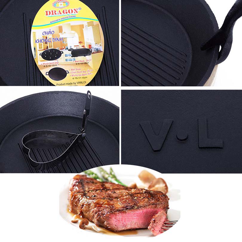 [HCM]Bộ chảo gang tròn chống dính kèm đế lót nhựa làm bít tết kiểu mới