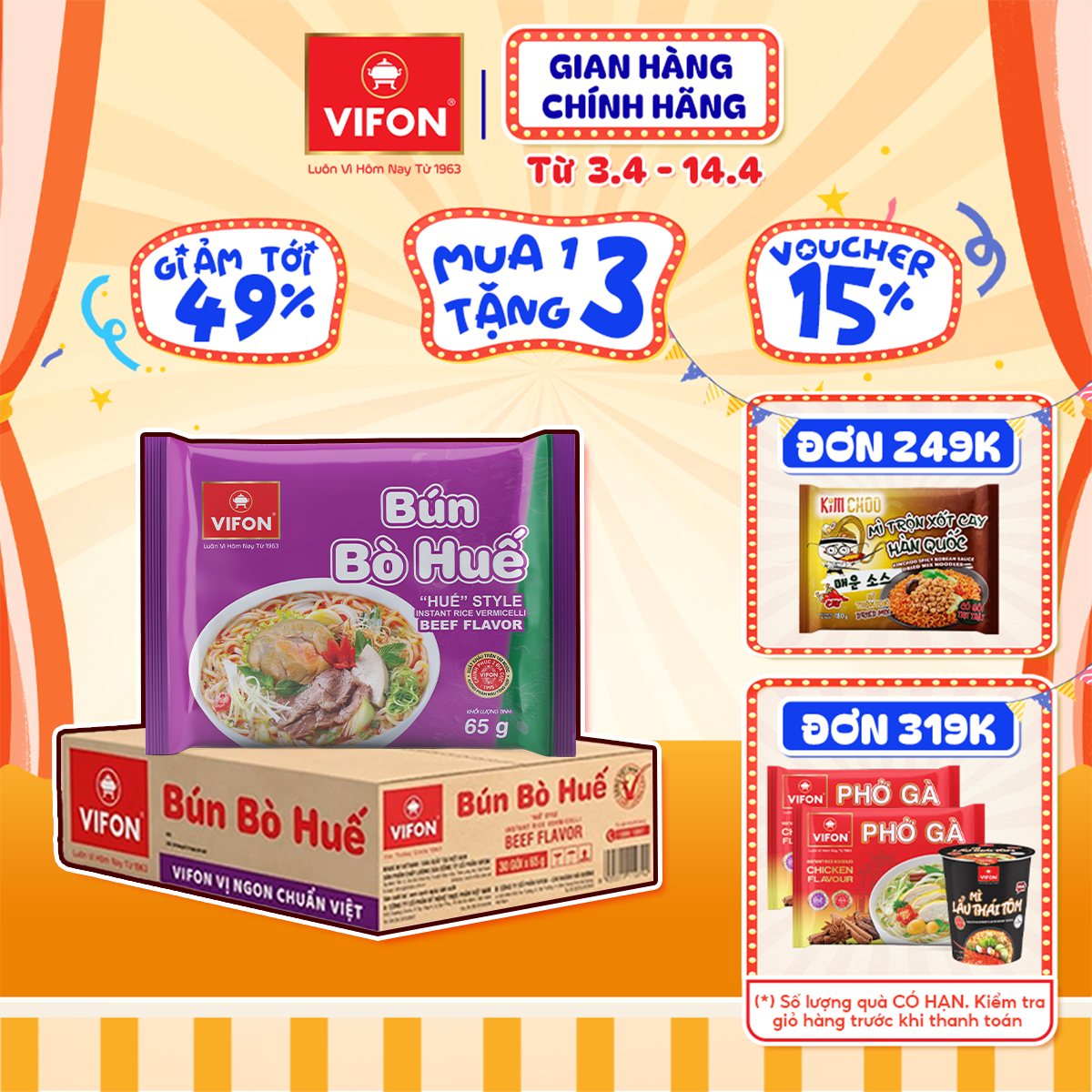 [VOUCHER 10%, LAZCOIN 10%] Bún Bò Huế VIFON 65gr/Gói