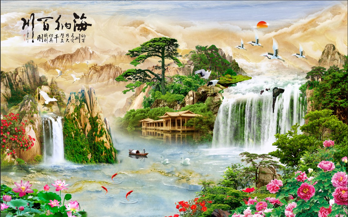 Tranh dán tường 3d sơn thủy hữu tình trang trí phòng khách phòng ngủ giá rẻ đẹp chất liệu decal pp keo sẵn bóc dán PA