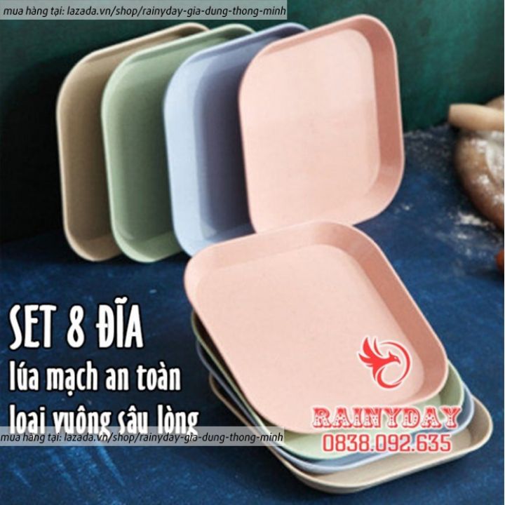 Set 8 đĩa nhựa lúa mạch đựng thức ăn hoa quả trái cây bánh kẹo vuông sâu lòng