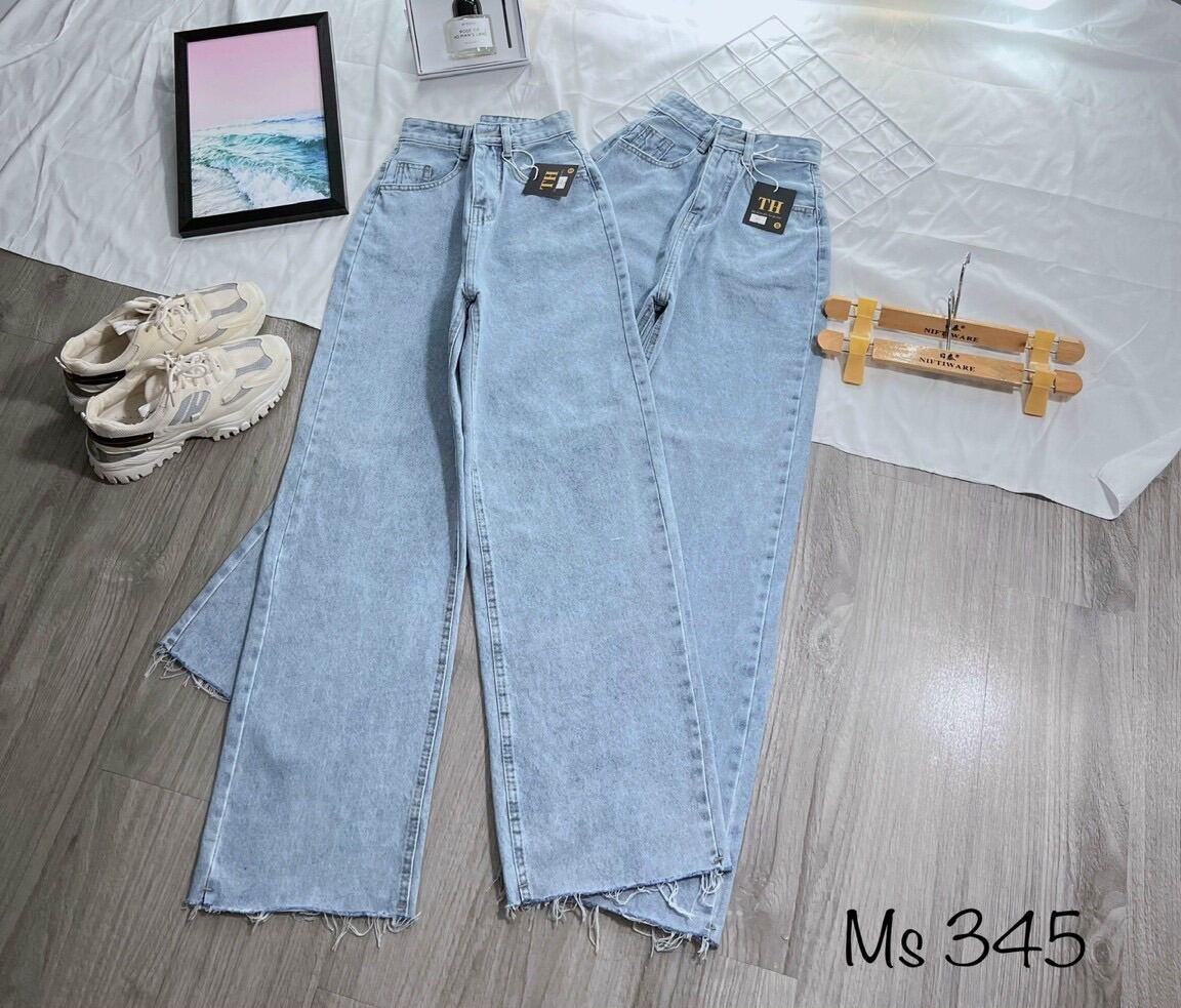 Baggy Jeans Lưng Cao Ống Suông Tua Lai