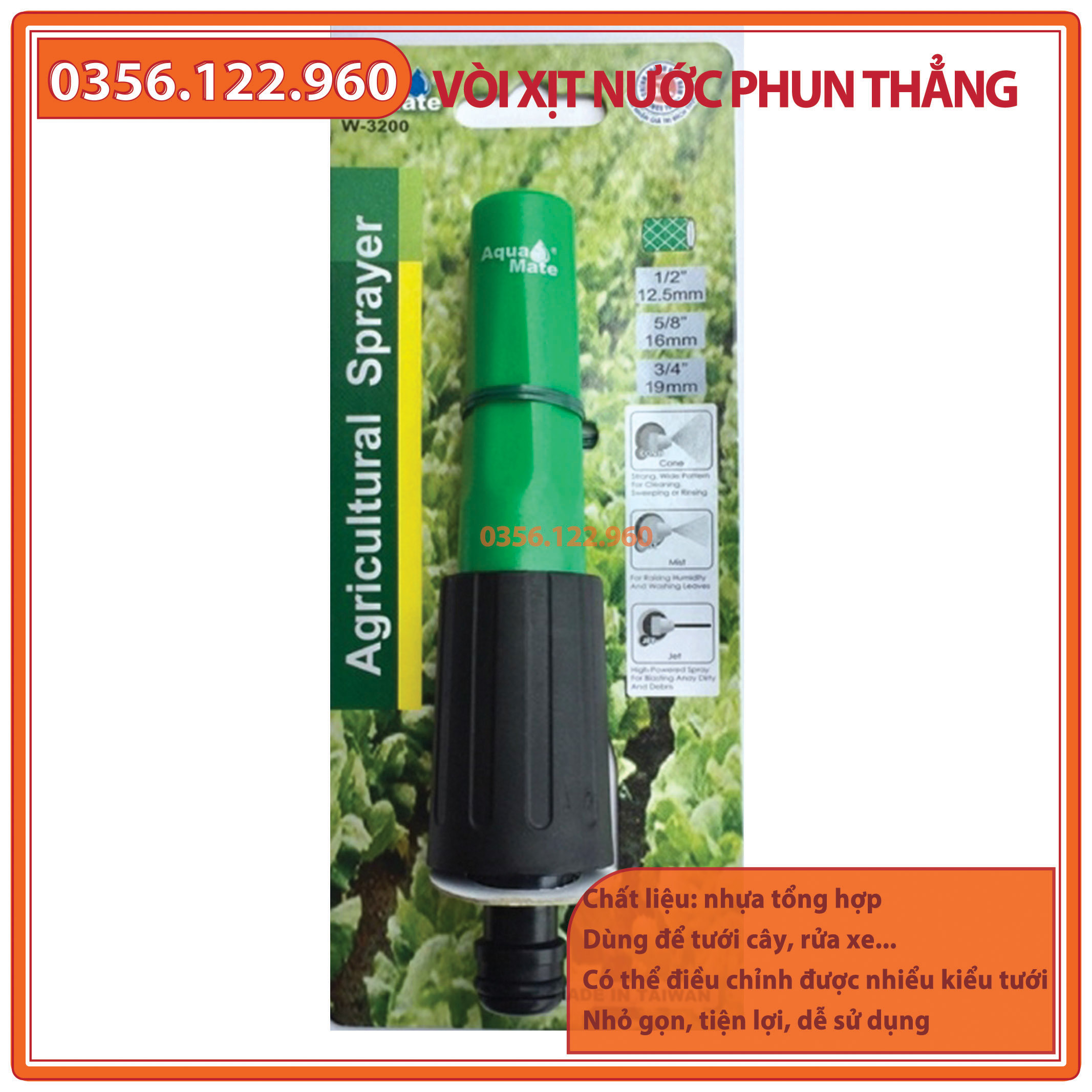 Vòi Phun Đa Năng - Vòi Phun Áp Lực Điều Chỉnh Nhiều Chế Độ, Dùng Tưới Lan Và Hồng, Rửa Xe.. Aquamate Chính Hãng
