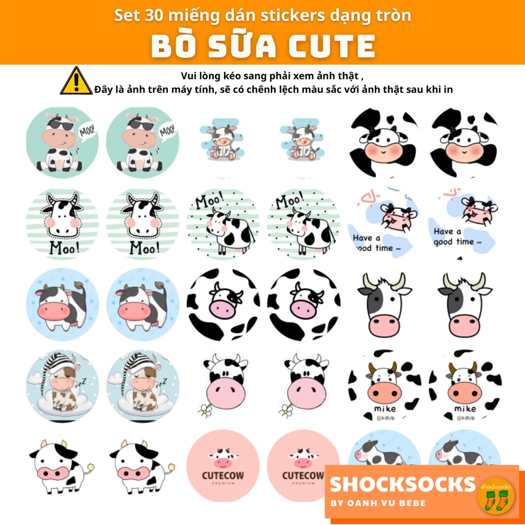 30 miếng dán stickers dạng tròn – hình BÒ SỮA