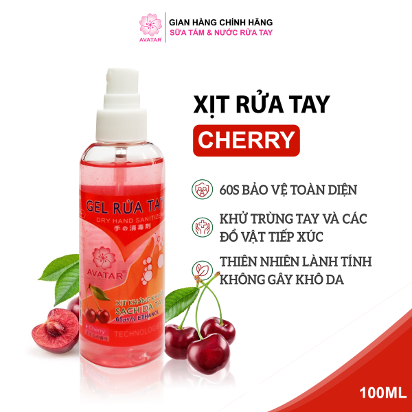 Xịt rửa tay khô AVATAR hương Cherry - Xịt kháng khuẩn - Dạng xịt - 75% CỒN (100ml) cao cấp