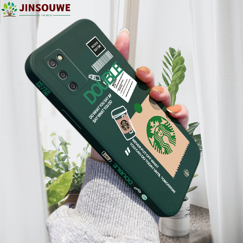 Jinsouwe Phone Case For Samsung Galaxy A02S Case For Girls Boys Cartoon Starbucks Pattern Square Edge Pattern Silicone Full Camera Protect Case Cover
