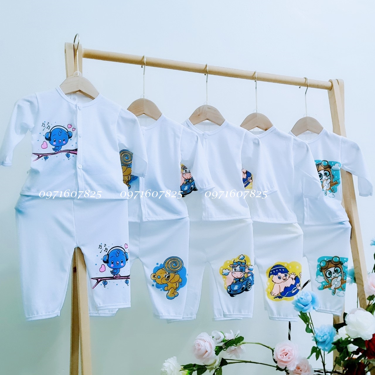 Combo 5 bộ Bibo dài cài khuy cotton 2 chiều cho bé 3-14kg
