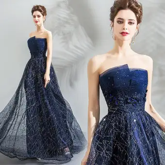 Koleksi Taobao Dress Wanita Langit Berbintang Rok Seni Fan Warna Biru Ulang Tahun Makan Malam Pesta Tahunan Pertunjukan Gaun Resepsi Gaun Pengantin