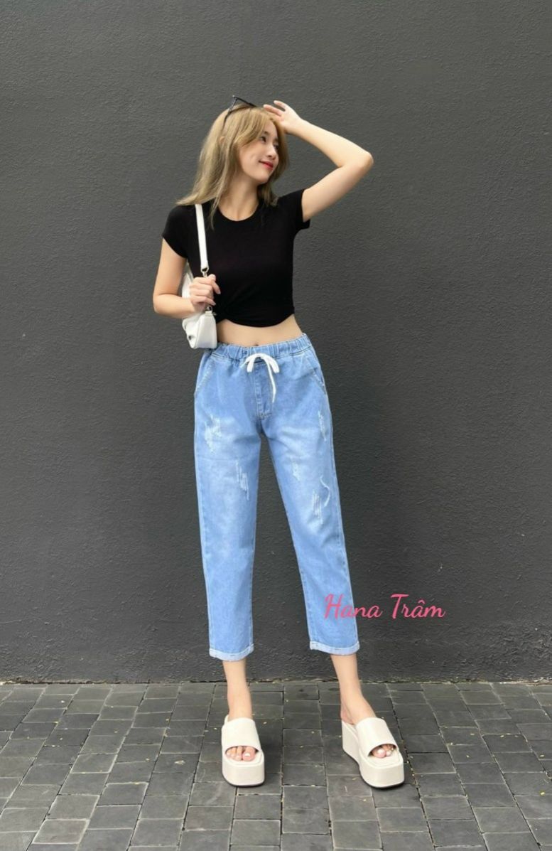 [Size đại] Quần Jean Baggy Nữ Cào Xước Lưng Thun Lật Lai Màu Xanh Nhạt