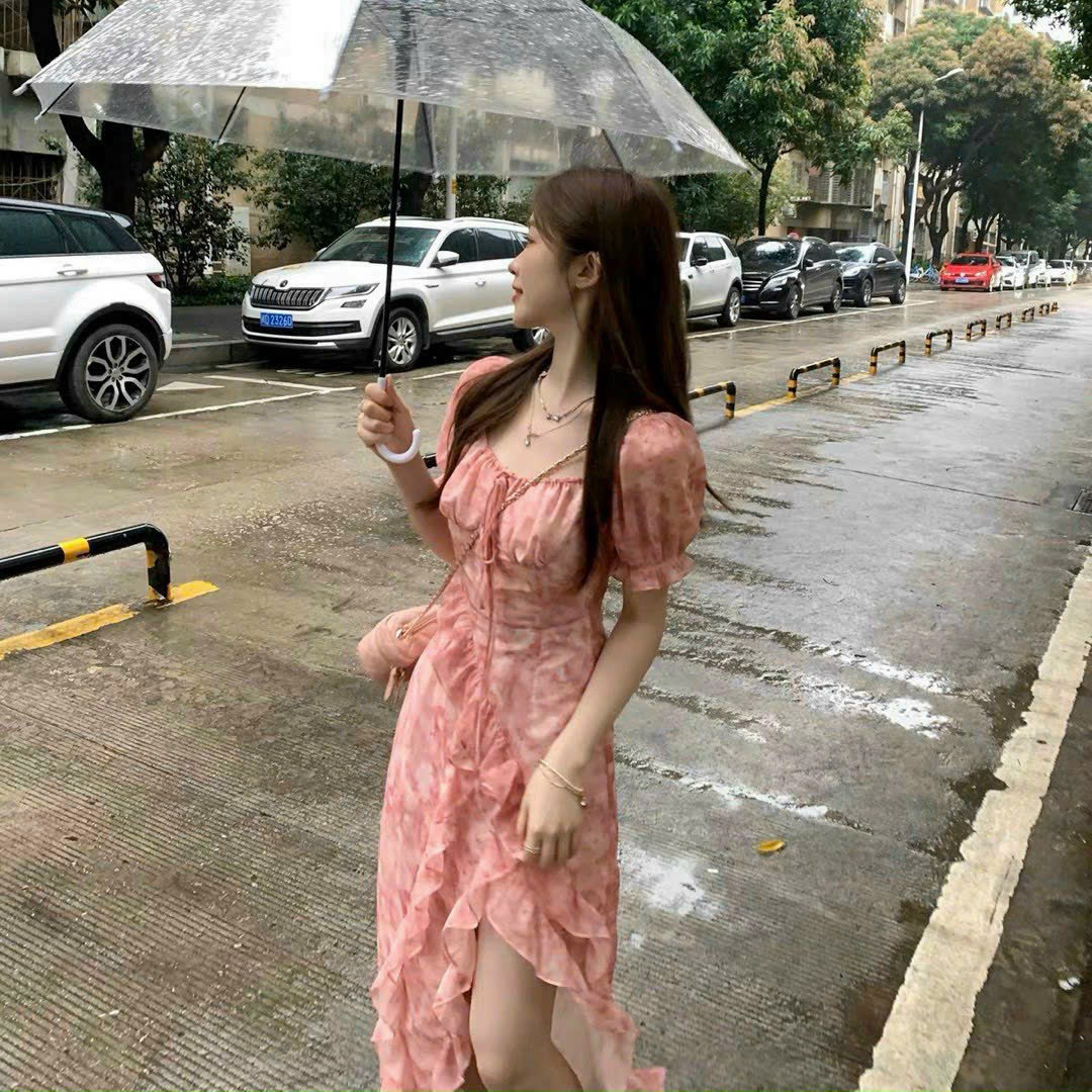 Đầm nữ thời trang mặc đi chơi chất voan hoa tay ngắn khoét cổ cúp ngực có mút váy maxi chéo tà xẻ đùi phong cách