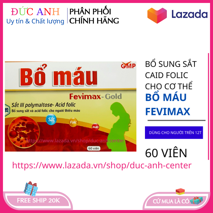 Thực phẩm bổ sung sắt cho người gầy yếu thiếu má hoa mắt chóng mặt Bổ máu Fevimax 60 viên