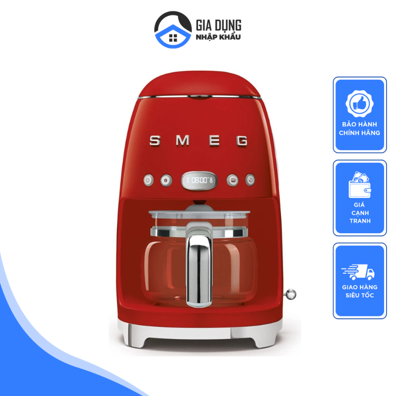 Smeg DCF02CRUK drip coffee machine, auto start mode, reusable filter, digital display, anti-drip system, aroma intensity, 1.4 liter tank, Imported from Germany, 12 Month Warranty