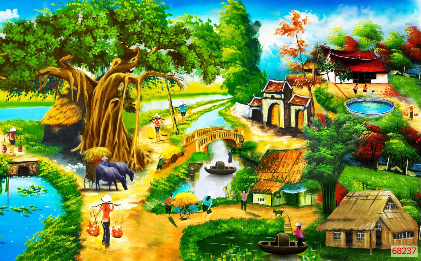 Tranh phong cảnh dán tường 3D in trên chất liệu lụa cao cấp