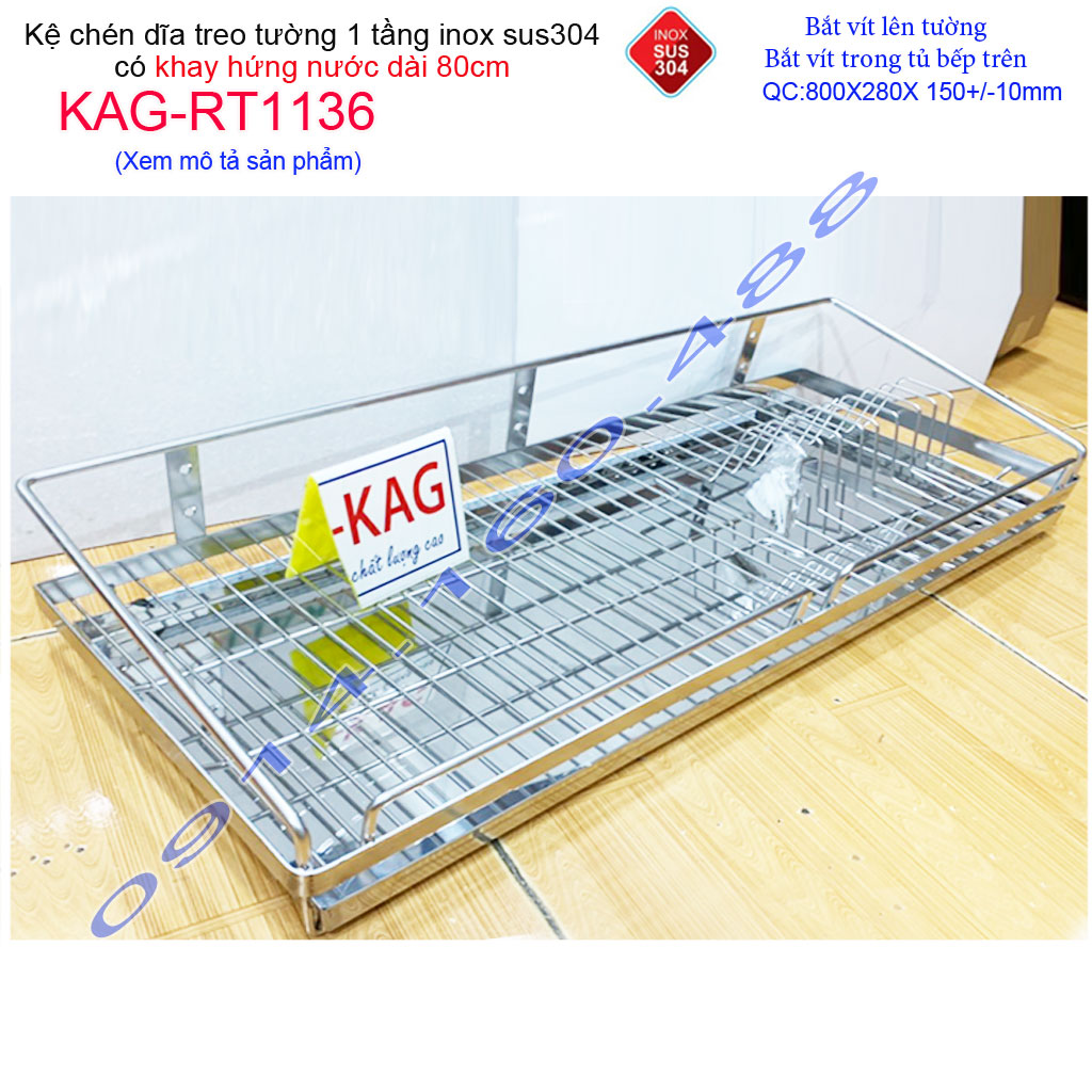 [HCM]Kệ đựng chén bát dài 80cm inox 304  kệ úp chén dĩa 1 tầng có khay hứng nước inox Roca KAG-RT1136