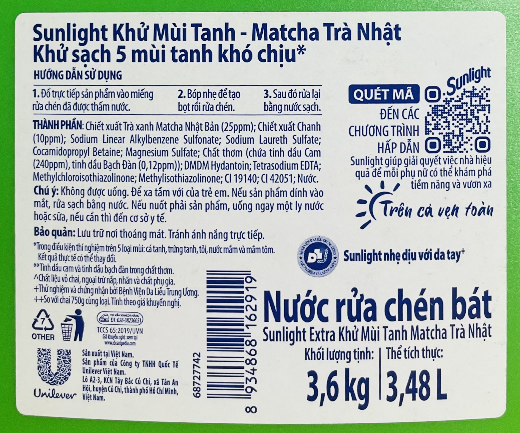 Nước rửa chén SUNLIGHT can 3,6KG - BACH HOA HV