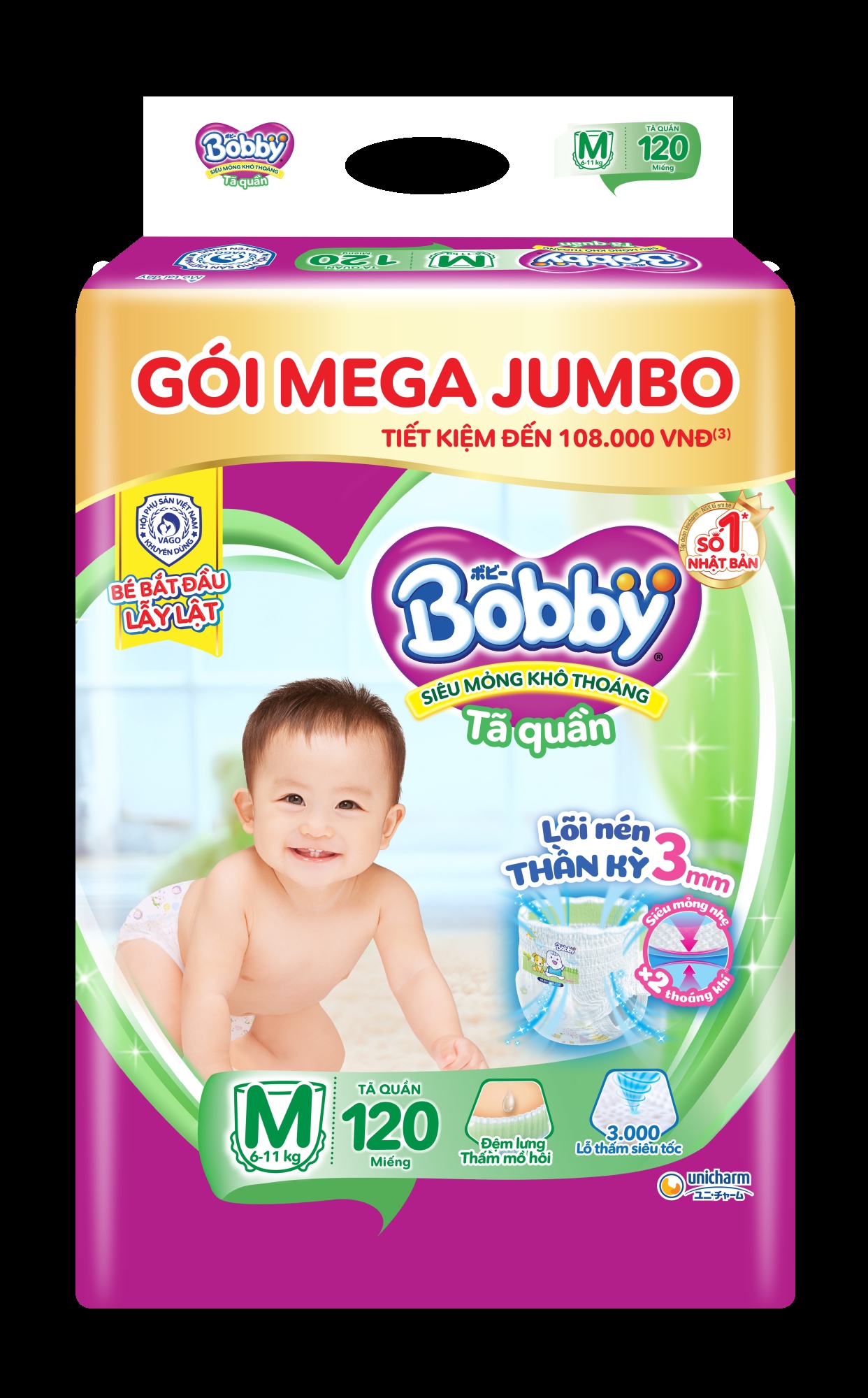 Tã quần Bobby mới Mega Jumbo M120/L104