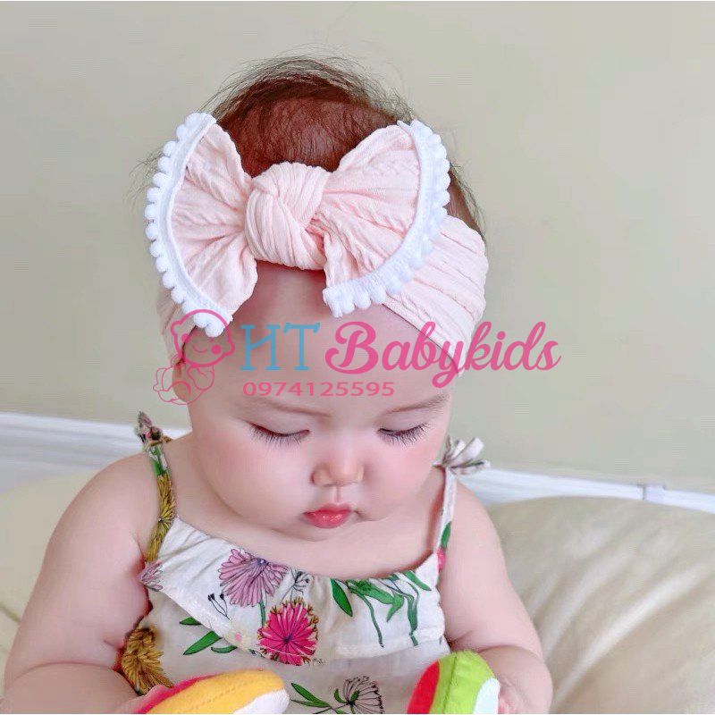 Băng đô len cho bé gái, nơ hồng viền trắng đáng yêu