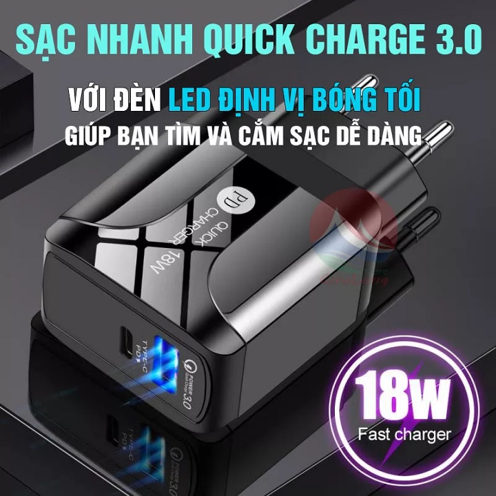 Củ sạc nhanh Usb Qc3.0 cho iphone và các máy androi hỗ trợ 2 cổng USB và Type C