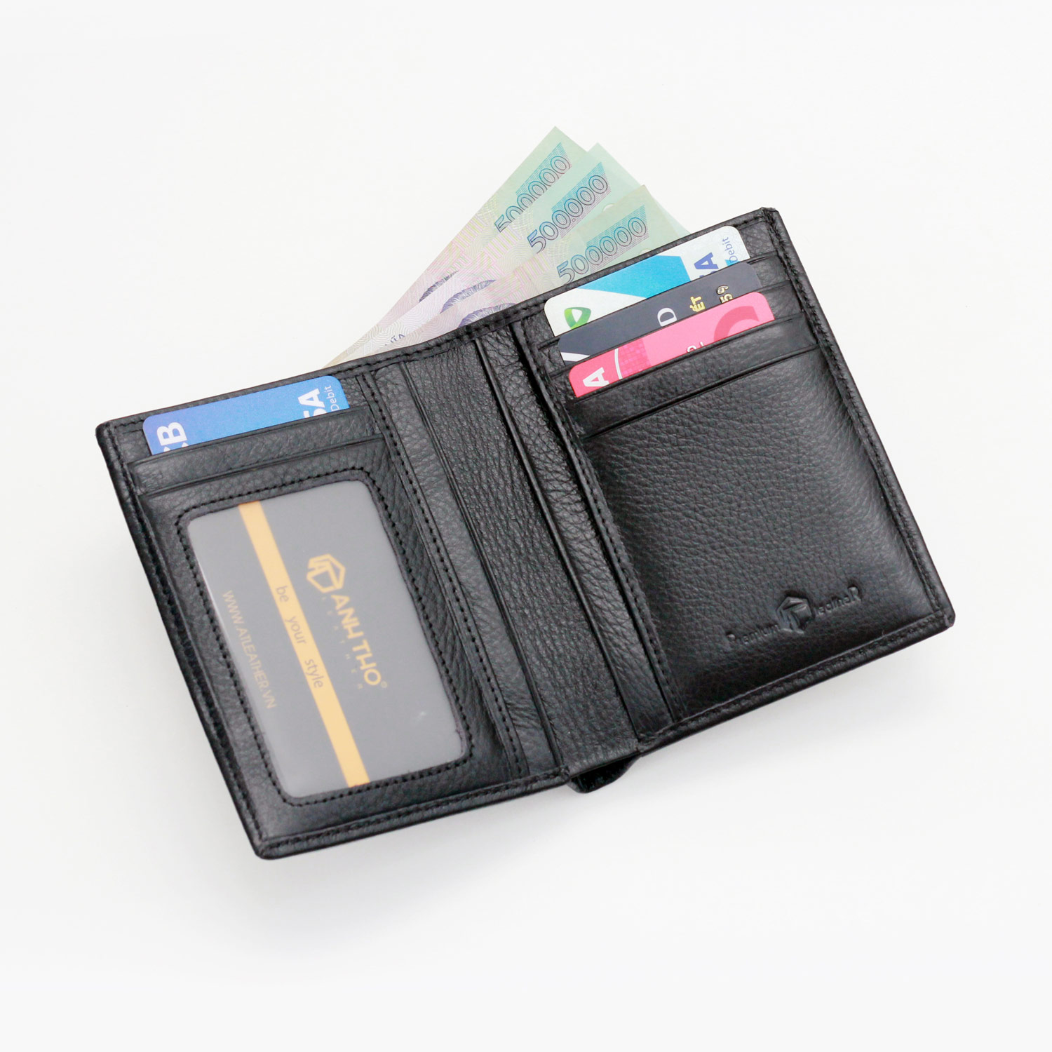 Min-02 Standing Wallet Made of Italian Cow Leather, Wallet Size 9.5X12Cm, Fits Both Old and New Documents, Two Colors: Black and Brown, Anh Tho Leather