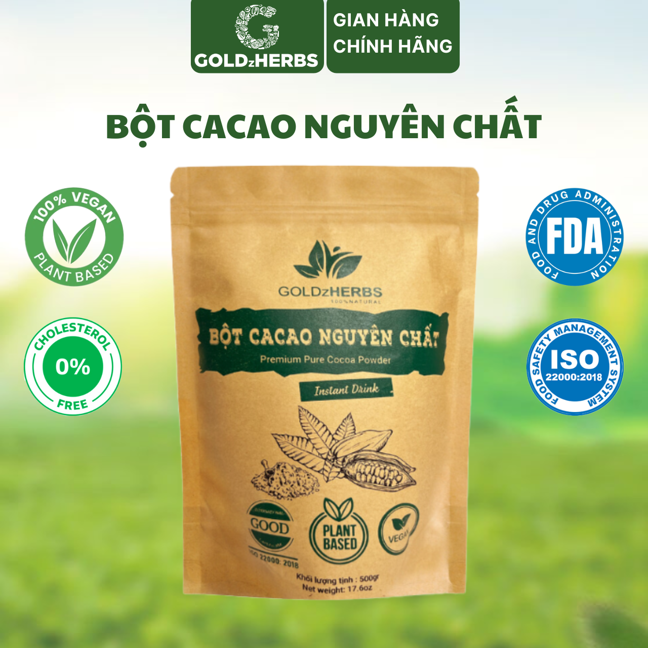 Bột cacao nguyên chất GoldzHerbs – 100% từ ca cao tự nhiên – Túi 500g