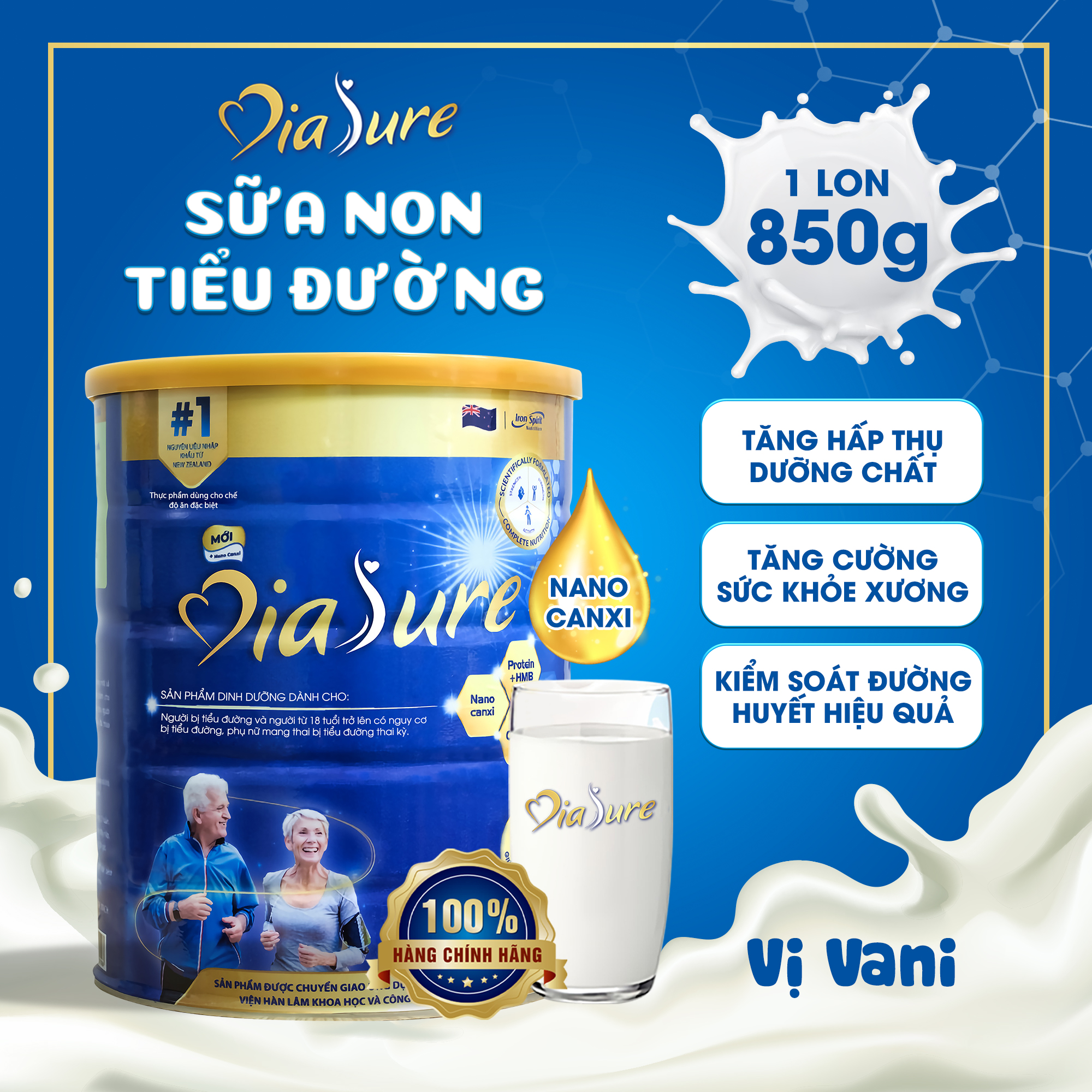 Sữa Non Diasure 850G (NEW) bổ sung thêm Nano Canxi, Omega3, Protein HMB-Sữa dành cho người tiểu đường