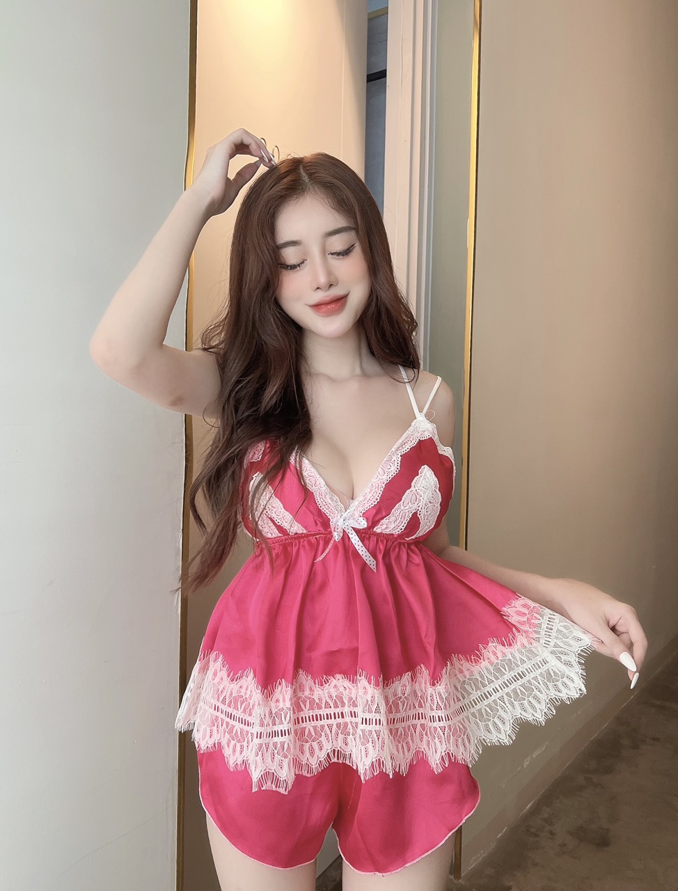 Set bộ ngủ sexy phi lụa phối ren <58kg