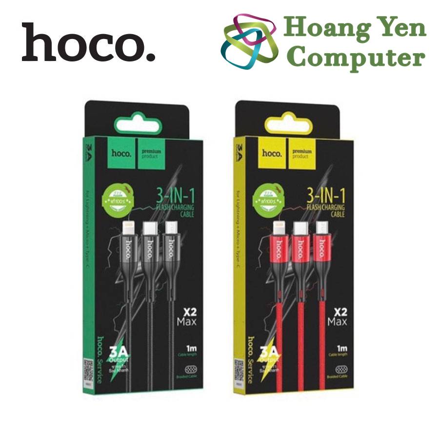 Cáp Sạc Hoco X2 Max 3 Đầu IPhone - Micro Usb - Type C Dây Dù Chống Đứt Dài 1M - BH 6 Tháng 1 đổi 1 (MÀU SẮC NGẪU NHIÊN)