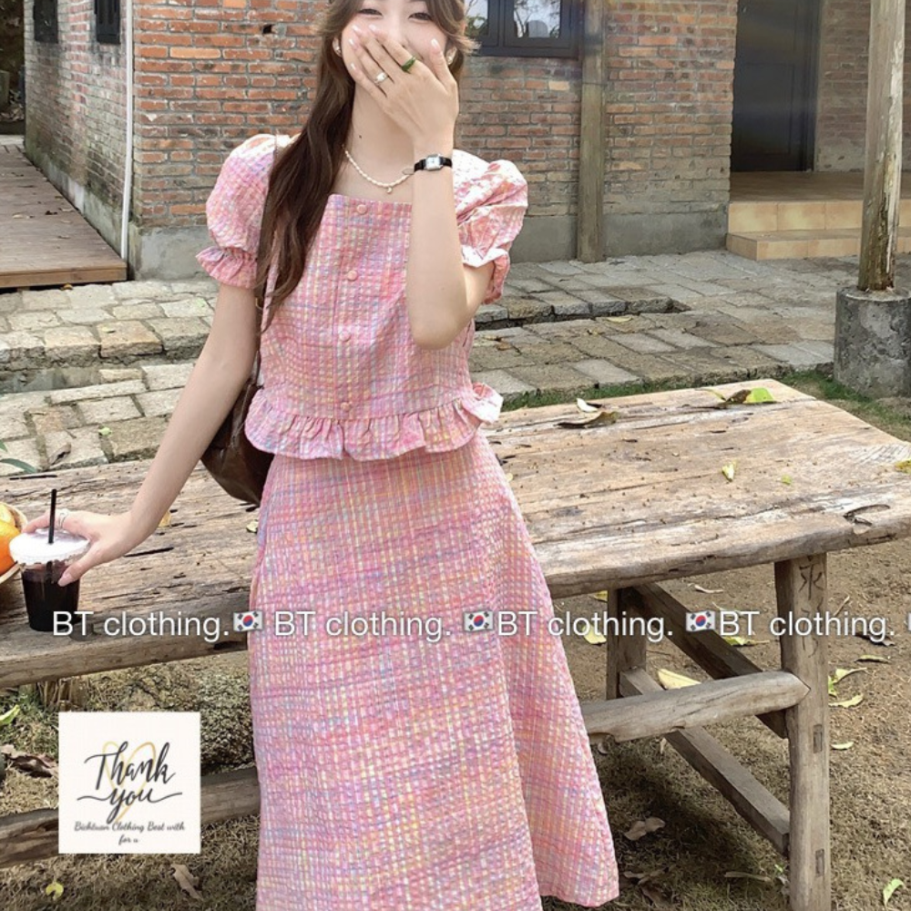 Set áo cổ vuông tay bồng mix chân váy - set váy kẻ hồng hottrend