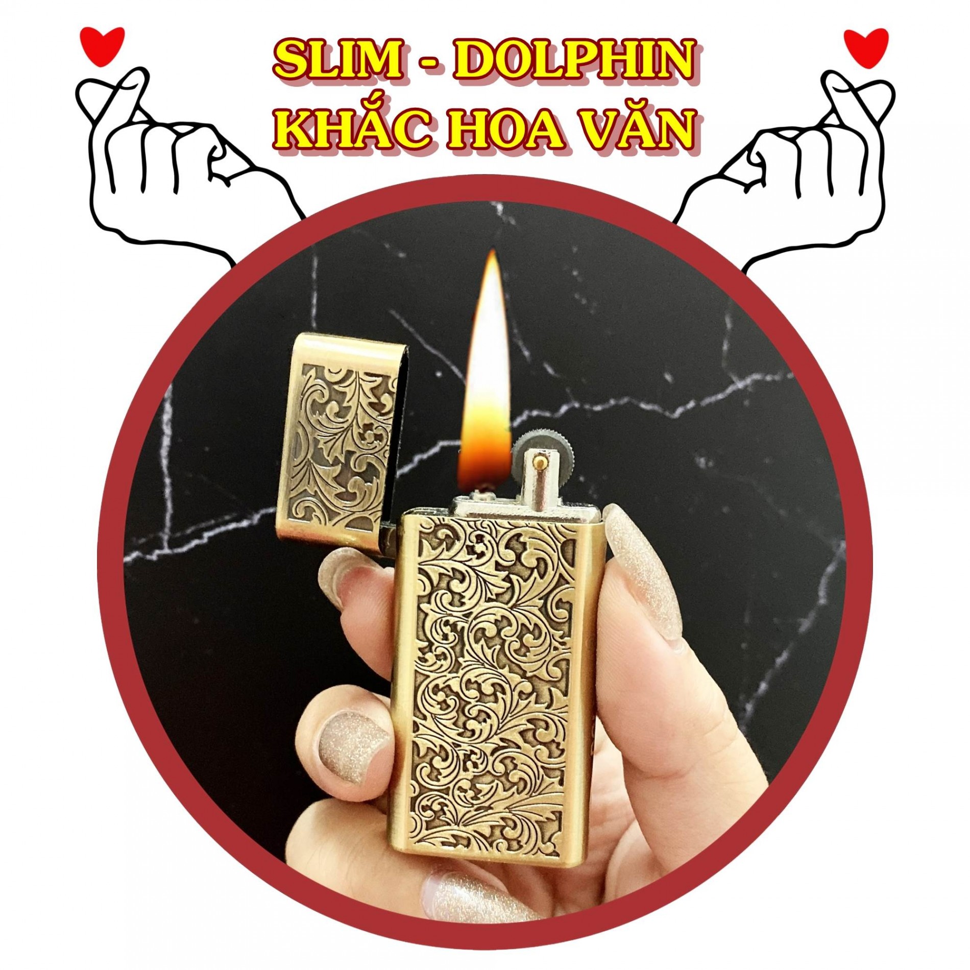 Bật lửa đô phin đá cổ 1 bánh xe hình hoa văn xài xăng