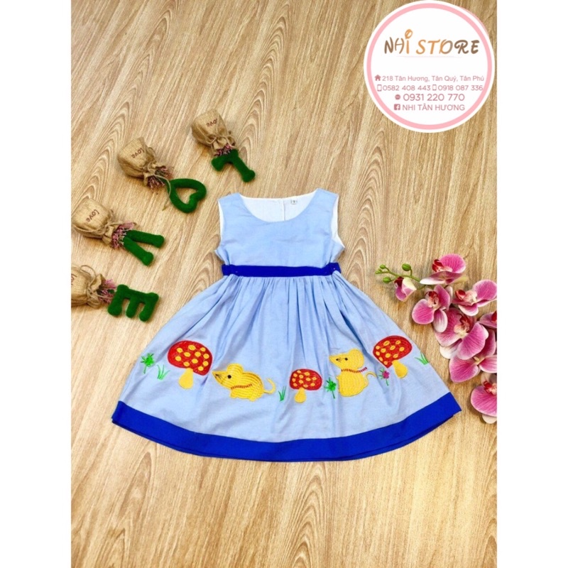 [ FreeShip ] [HCM]Đâm Bé Gái - Đầm Dáng Xòe Cổ Tròn Chất Kate Hàn Hình Thêu Ngộ Nghĩnh Điệu Đà Cho Bé