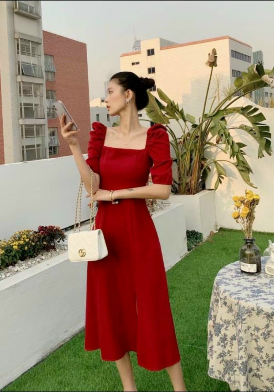 ĐẦM MAXI CỔ VUÔNG XẺ TÀ TAY PHỒNG BIG SIZE