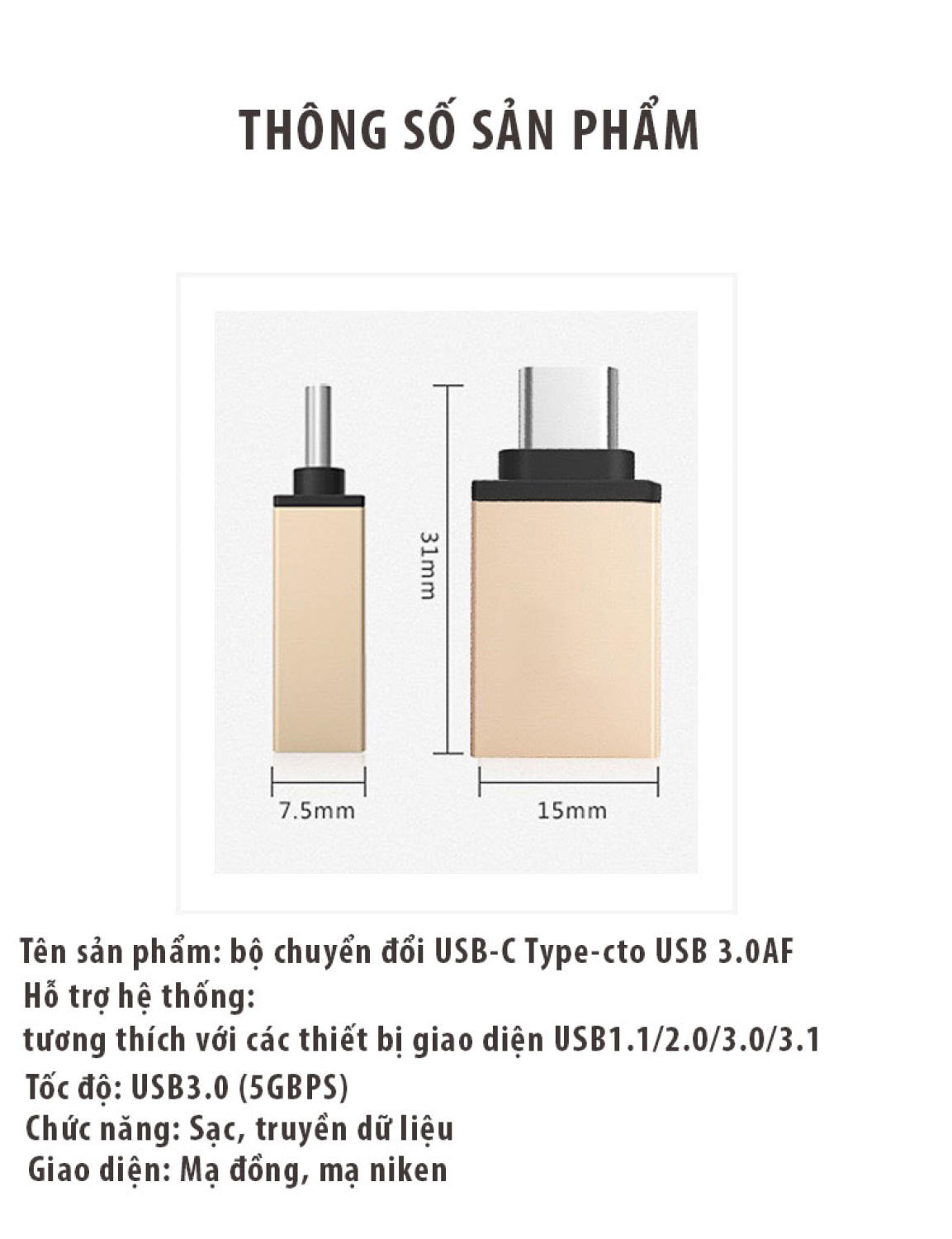 [HCM]Đầu Chuyển Đổi USB Type C sang USB 3.0 Cho Điện thoại Macbook