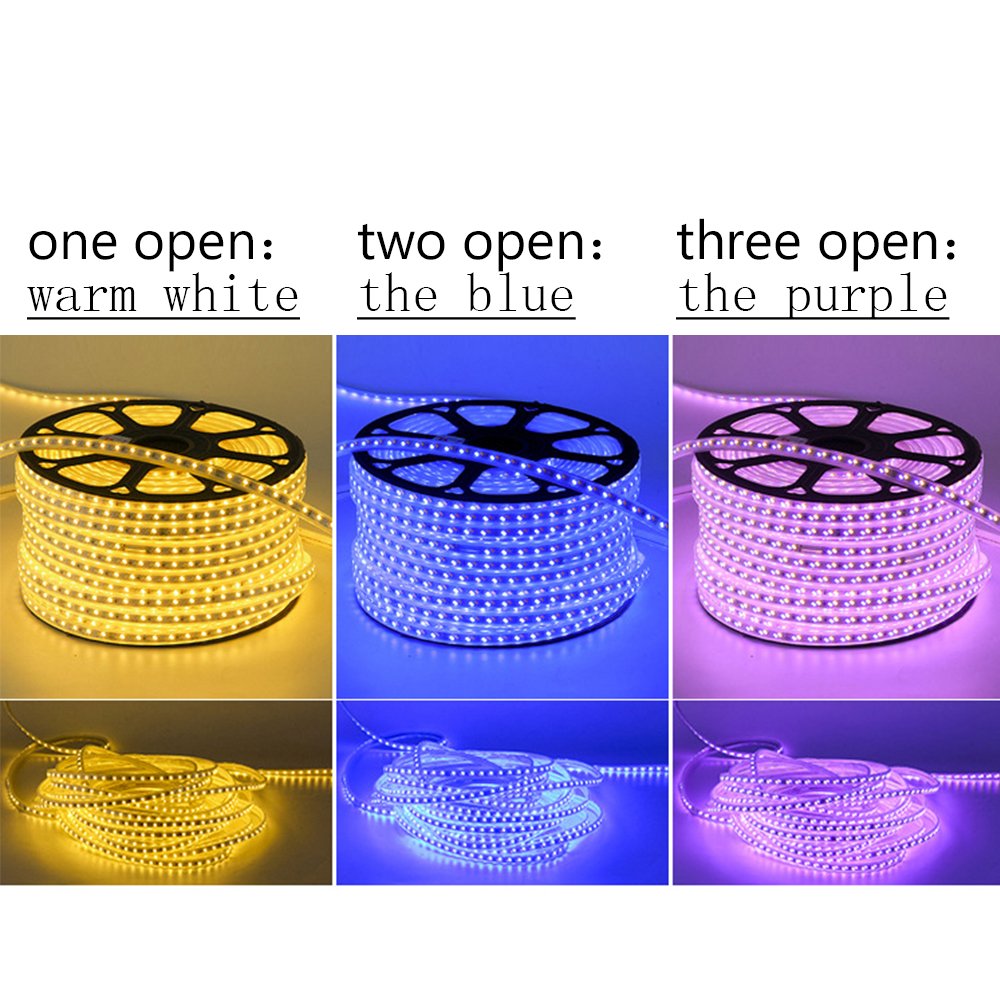 Bộ 5m 10m Đèn LED Dây 5730 đổi màu 3 chế độ Vàng-Dương-Tím, Trắng-Vàng-Trung tính có nối nguồn sẵn, điện áp AC220V, trang trí hắt trần, hắt sáng đồ nội thất, chống nước IP67 dùng đc ngoài trời