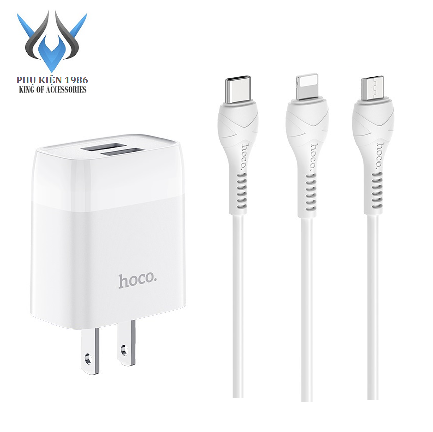 Cốc sạc 2 cổng và Bộ cốc cáp sạc Hoco C73/C73A Glorious 2.4A - chân Lightning / Micro-USB / Type-C (Trắng) - Hãng phân phối chính thức - Nhất Tín Computer