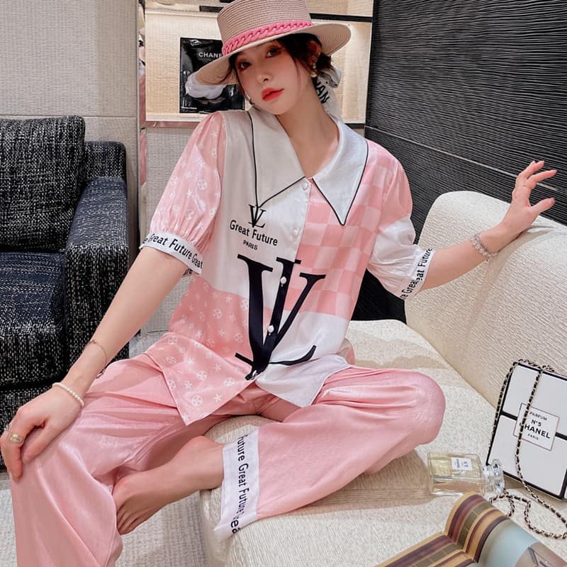 Pijama lụa cao cấp Quảng Châu áo cộc quần dài [ảnh thật]