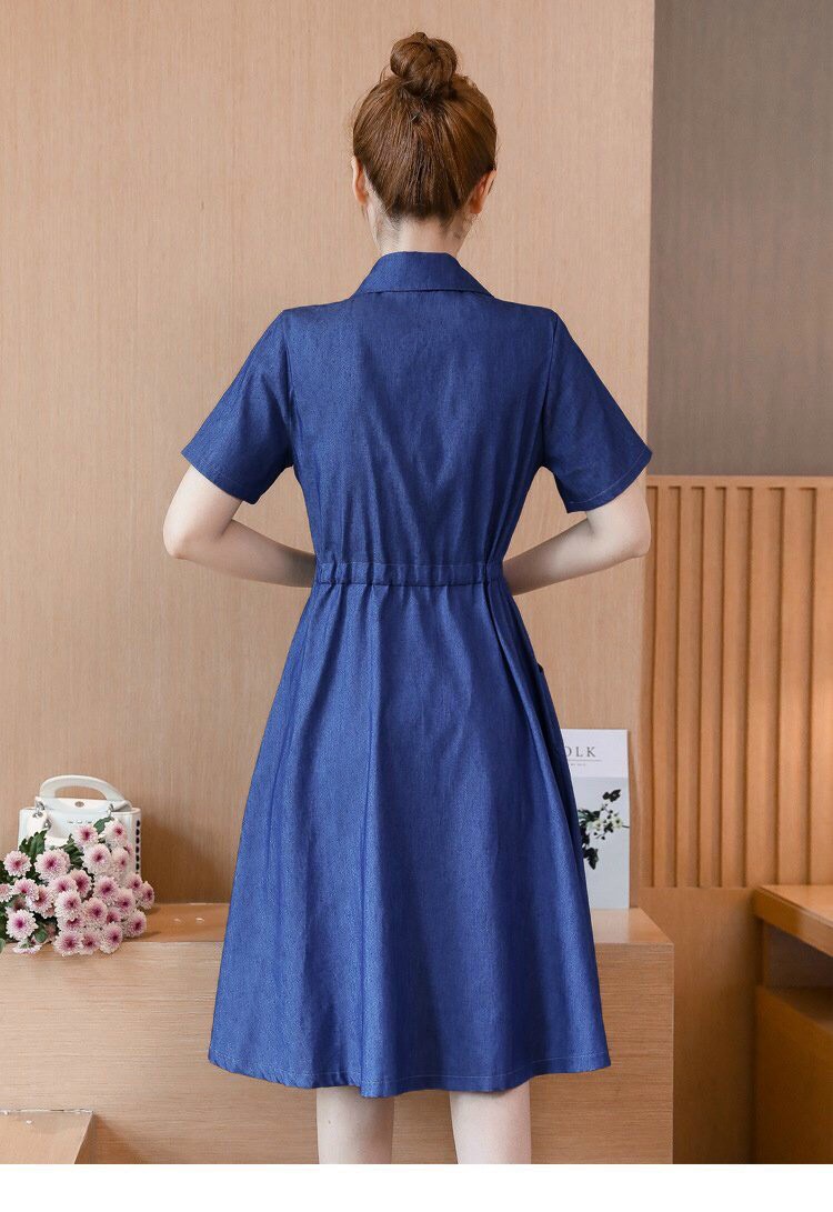mẫu mới đầm jean sơ mi hàn quốc eo rút dây