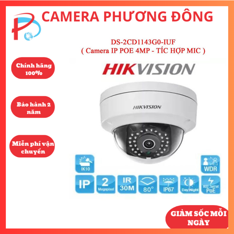 Camera ip dome 4mp hikvision ds-2cd1143g0-iuf tích hợp mic thu âm - hàng chính hãng