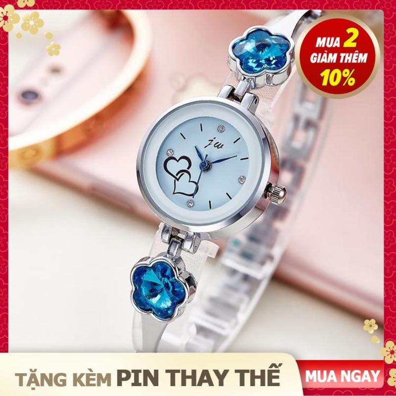 [ShorNos shop] Đồng hồ nữ JW kiểu dáng thời trang, dây kim loại, đính đá hình hoa mai xanh biếc, kiểu lắc tay nhỏ nhắn, màu gold/silver