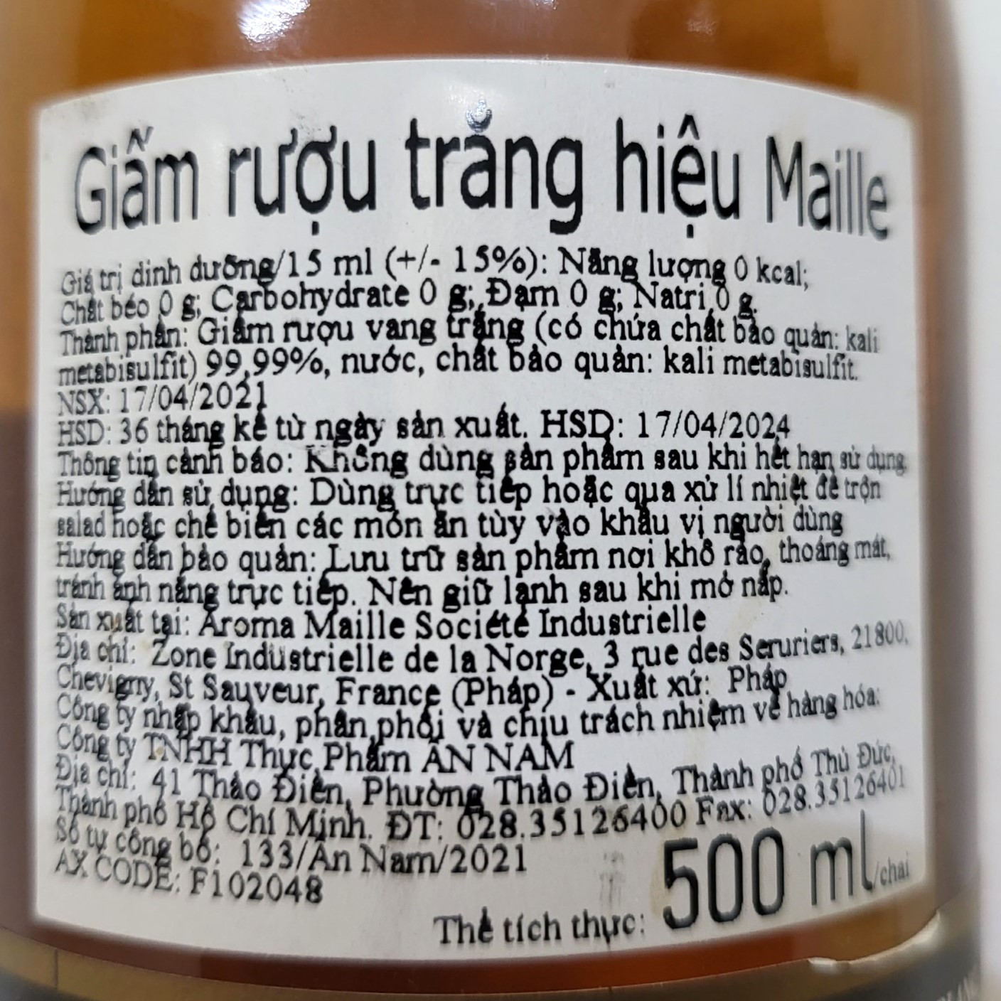 [Chai 500ml] GIẤM RƯỢU TRẮNG [France] MAILLE White Wine Vinegar (nvt)