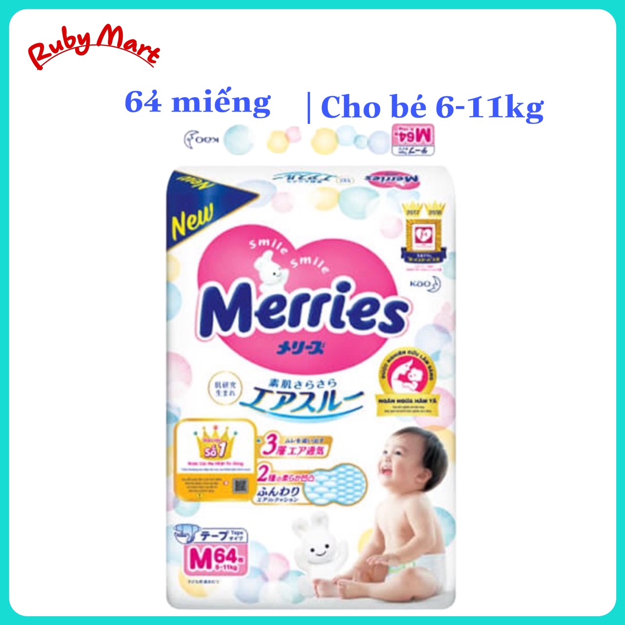 Tã dán Merries size M64 (cho bé 6 - 11kg)