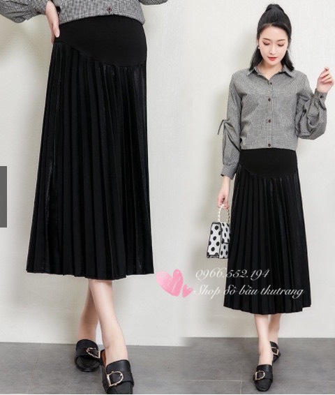 Chân váy bầu midi xếp ly lụa gân Thượng Hải - Đồ Bầu Xinh