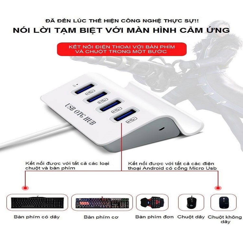 Bộ chia 4 Cổng USB OTG HUB - THIẾT BỊ KẾT NỐI ĐIỆN THOẠI VỚI BÀN PHÍM VÀ CHUỘT CHƠI GAME MOBILE