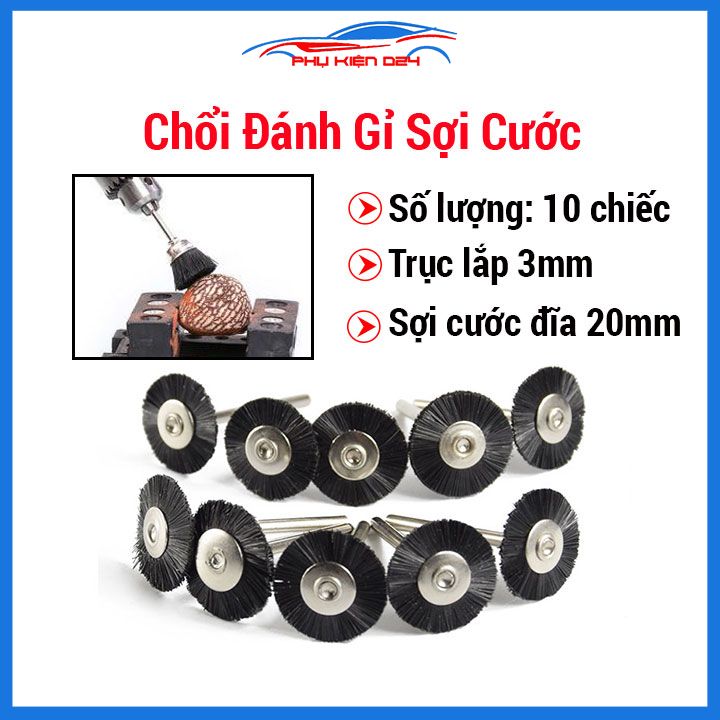 Bộ 10 chổi đánh rỉ trục 3mm sợi cước 20mm gắn máy khoan cầm tay vệ sinh, đánh bóng, làm sạch