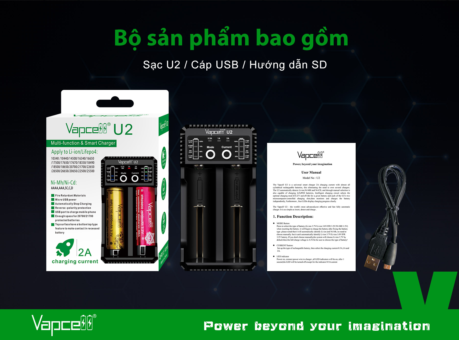 Sạc đôi thông minh Vapcell U2 sạc nhanh 2A