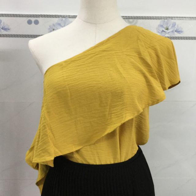 ( Quà tặng dây cột tóc ) Áo crop lệch vai bèo hot tren bách phố