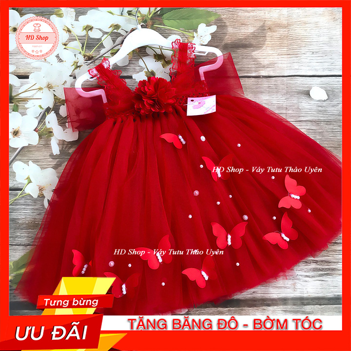 Đầm Cho Bé / Váy Công Chúa Cho Bé Đỏ Hoa Xù Đính Bướm