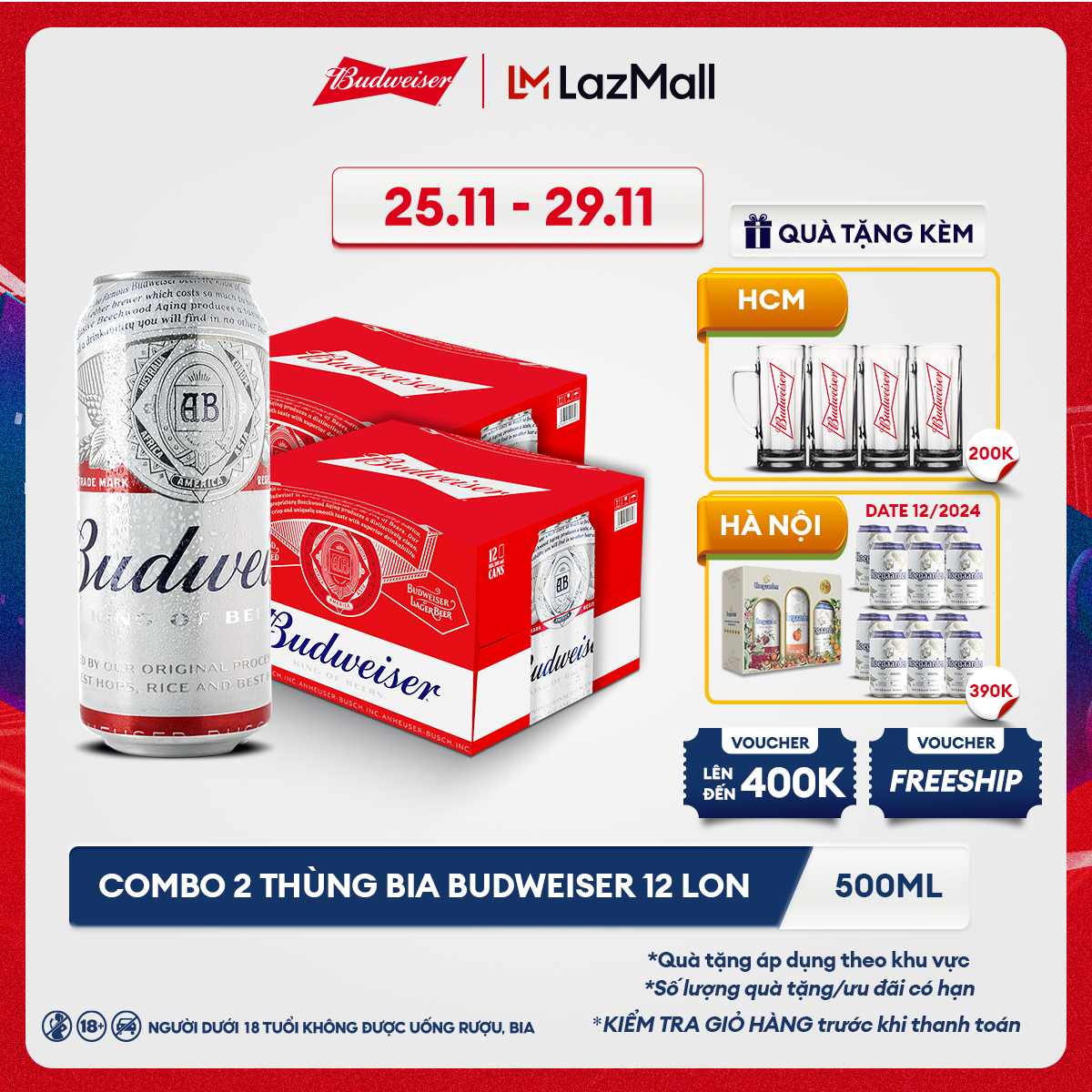 [25.11 - 29.11 VC ĐẾN 100K+FS] Combo 2 Thùng 12 Lon Bia Budweiser (500ml/lon)