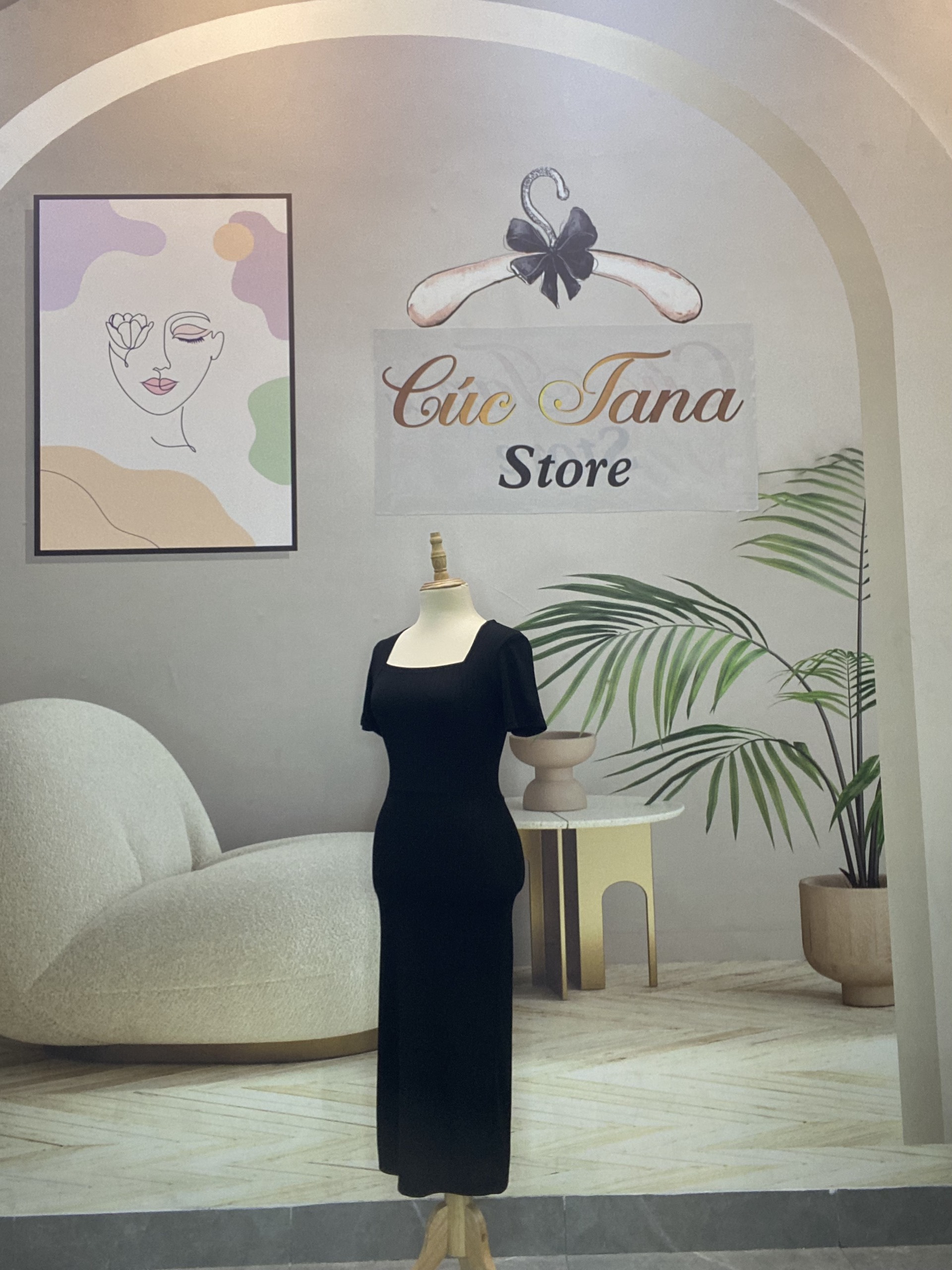 Đầm thun gân trung cổ vuông ôm body_Đen