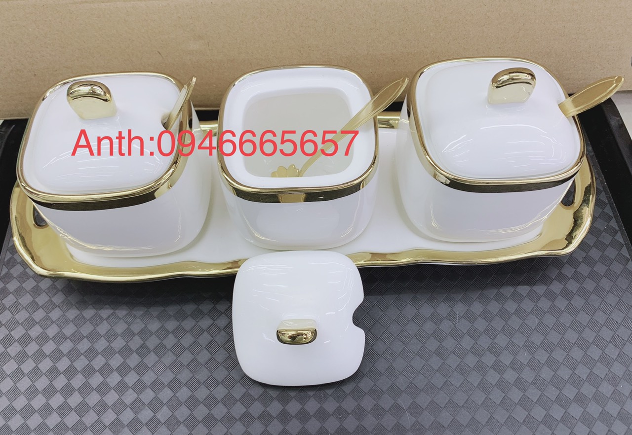 BỘ 3 HŨ ĐỰNG GIA VỊ BẰNG SỨ - TRẮNG