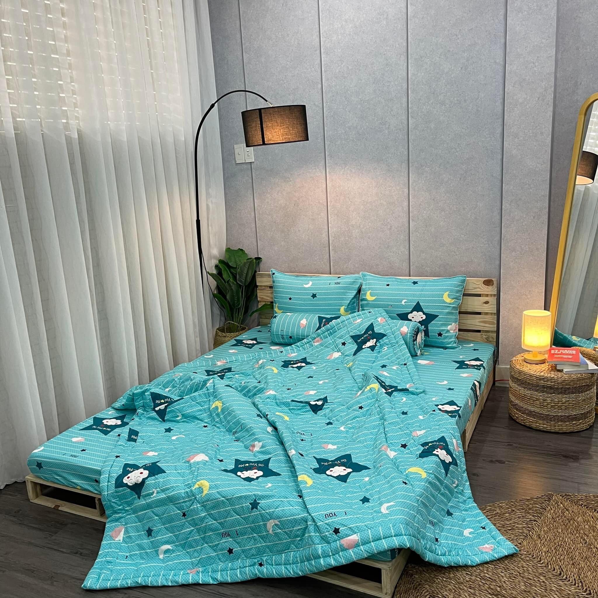 Bộ drap cotton 100%, ga giường cao cấp in logo cty sao xanh ngọc