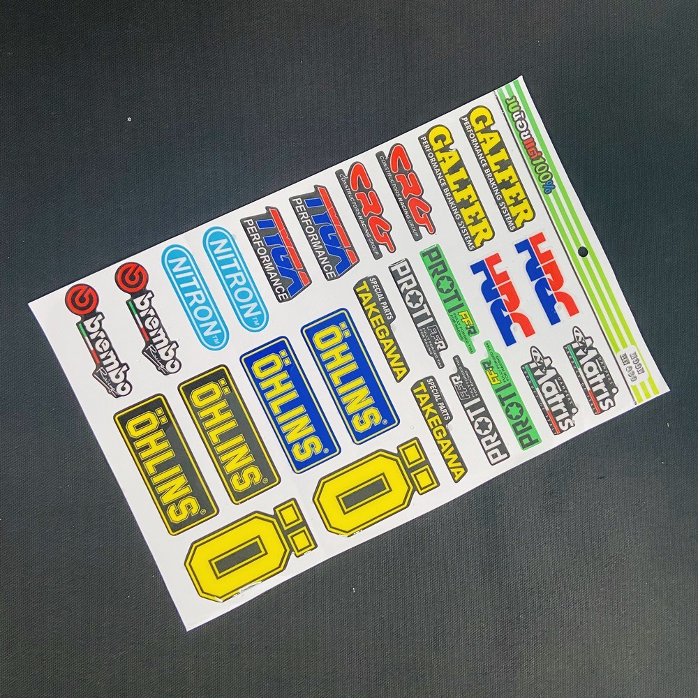 Tấm tem dập nổi nhiều logo ohlins, proti, hrc trang trí xe siêu chất